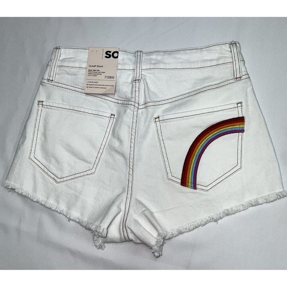 Cut Off Shorts Womens SZ 7 28 W Super High Rise White Denim Embroidered Rainbow